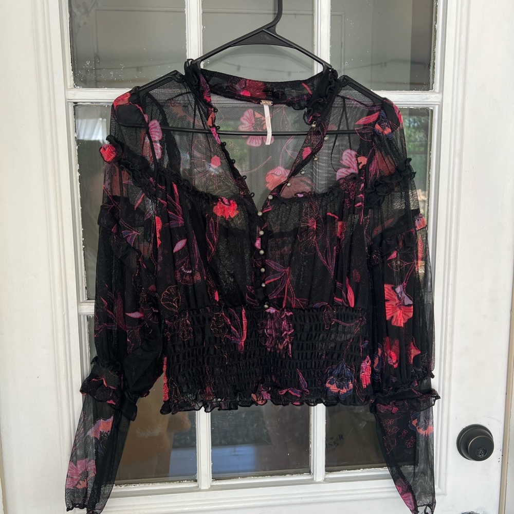 Free People Cropped Sheer Button Up Top (size s)